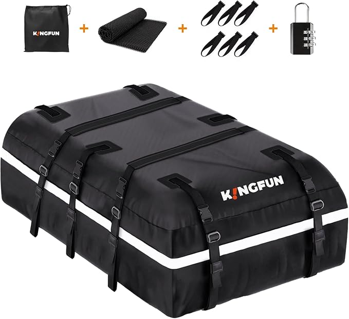 Kingfun Car Rooftop Cargo Carrier – Waterproof 20 Cubic Feet Car Roof Bag Fit All Vehicles with/Without Roof Racks, Includes Anti-Slip Mat, 8 Reinforced Straps & 6 Door Hooks, Luggage Locks（Black）