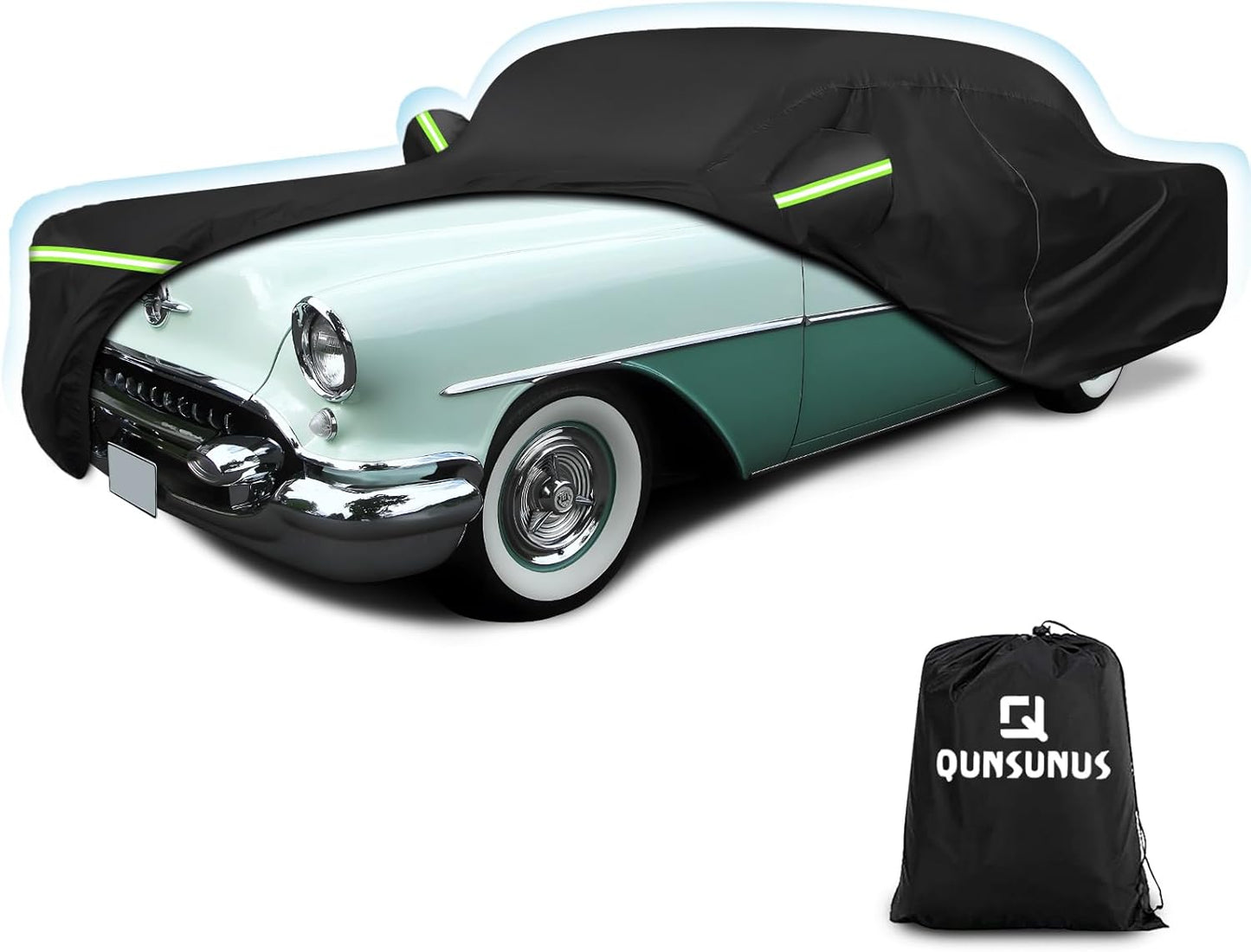 QUNSUNUS Waterproof Car Cover for Oldsmobile 88 1949-1958/1986-1999, Outdoor Car Cover with Zipper, All Weather Full Exterior Cover with Straps and Elastic Edges for Wind, Sun, UV and Dust Protection