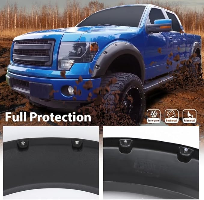 CHEDA Fender Flares Compatible with Ford F150 Styleside with 67.0"/78.8"/97.4" bed length models 2009-2014 (Do not fit Platinum and Raptor models) 4PCS Black Pocket Rivet Style Textured