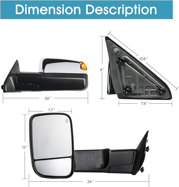 BOOLEE Towing Mirrors Power Heated Compatible with 2009-2018 Dodge Ram 1500 2500 3500 Turn Signal Lamp Puddle Light Temperature Sensor Pickup Truck Tow Mirrors Chrome