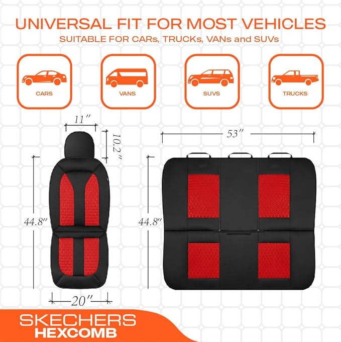 Skechers Memory Foam™ Car Seat Cover Full Sets, Hexcomb Breathable Thick Seat Covers, Airbag Compatible, Automotive Comfort & Protection for Most Cars,Van,Trucks, SUVs (Red,Full Set)