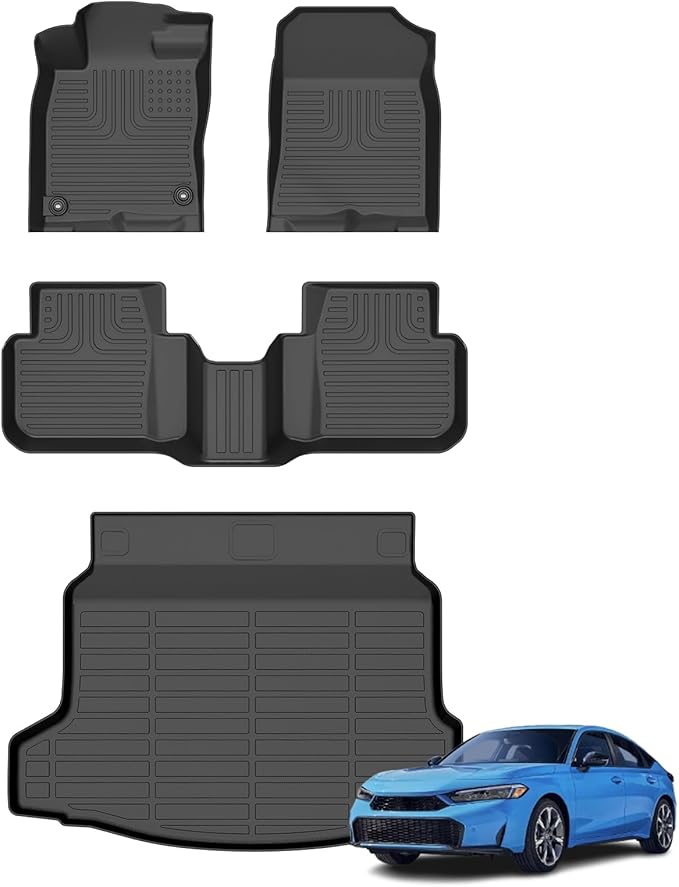 Floor Mats & Cargo Liner for 2025 Honda Civic Hybrid Hatchback (Not Sedan), All Weather Automotive TPE Floor Liners Set Anti-Slip Waterproof Accessories (Car Mats+Trunk Mat) Black