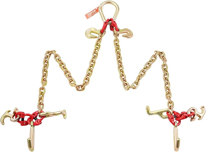 VEVOR G80 V Bridle Chain, 5/16" x 3' Towing Chain Bridle with R Hooks, T Hooks, J Hooks and Grab Hooks, Transport Tow Chain Bridle with 10800 lbs Safe Working Load for Flatbed Truck Wrecker Recovery