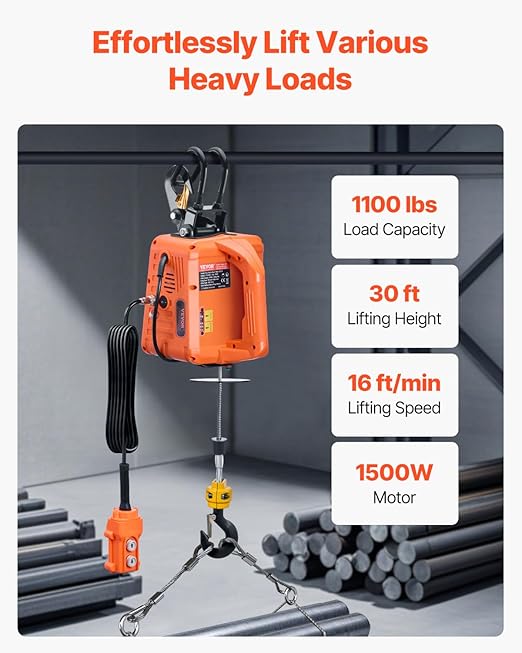 VEVOR 3-in-1 Electric Hoist Winch, 1100 lbs Capacity, 1500W Portable Power Winch, 30 ft Lifting Height, 16 ft/min with Wire and Wireless Remote Control, for Garage, Warehouse, Factory Lifting Towing