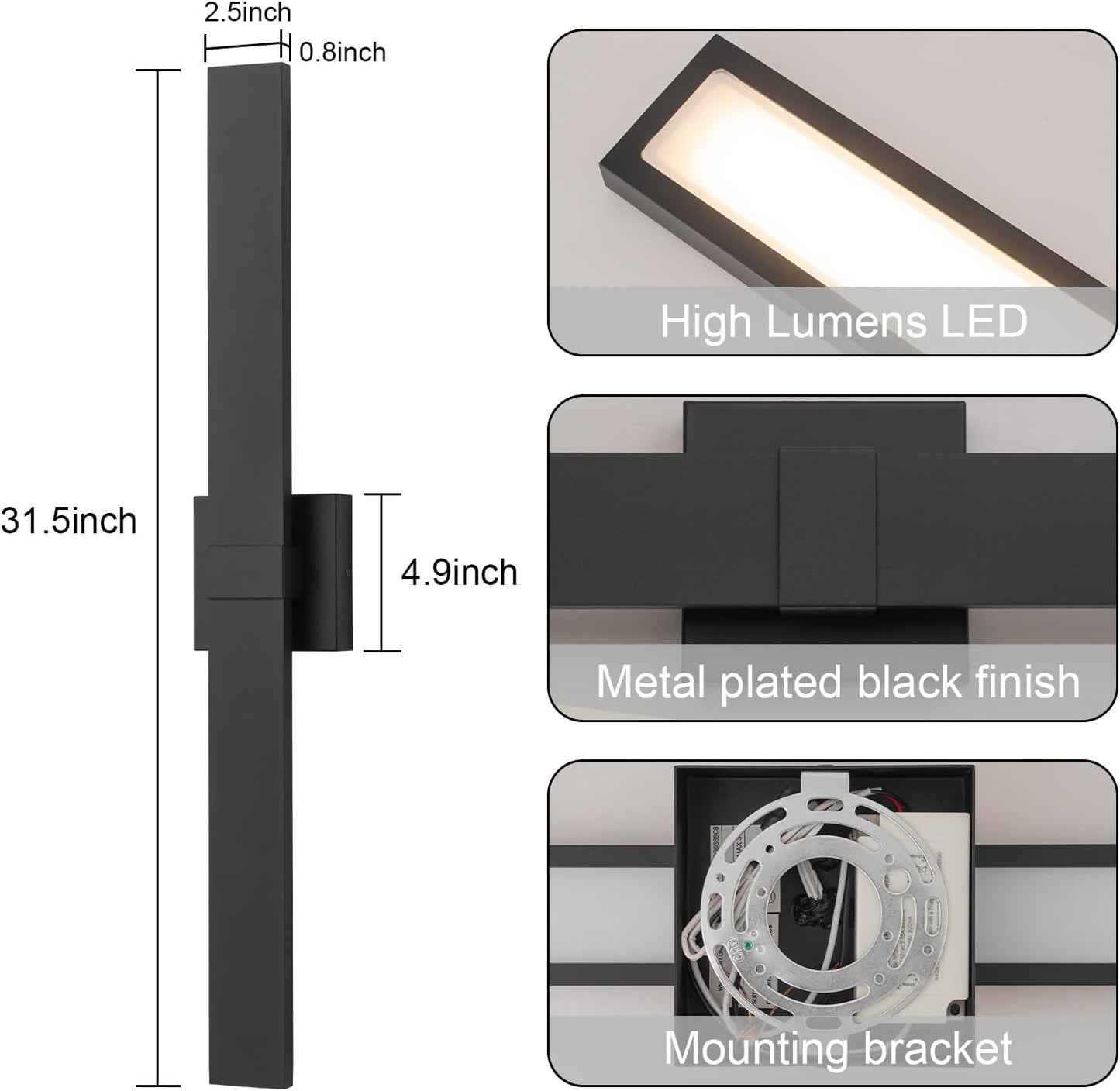Black Modern LED Outdoor Wall Sconce 31.5" Long Outdoor Wall Lights Exterior Lighting Fixtures for House Porch Patio Garage Front Door, Easily Install Anywhere