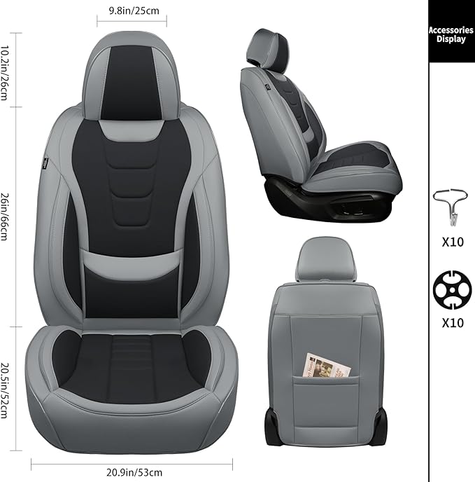 Car Seat Covers for Front Seats,Waterproof & Breathable Faux Nappa Leather, 360° Full Wrap Design, Airbag Compatible, Lumbar Support, Great for Drivers Who Need Driving Comfort,Gray and Black