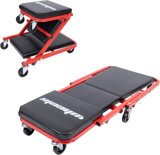 Mechanic Creeper 36 Inches 2 Modes Z Seat 340 lbs Capacity, Foldable Garage Chair Adjustable Rolling Folding with 6 pcs Wheels Roller, Lay Down or Sit, Under Car, Auto Repair Red Black Man Gift