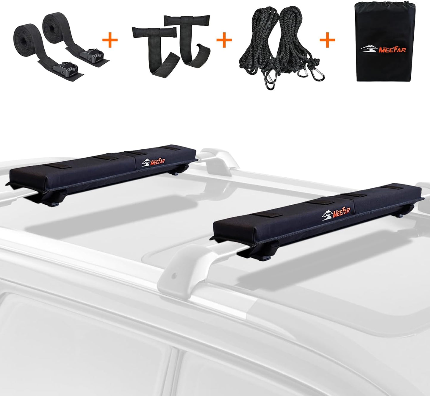 MeeFar Universal Roof Rack Pads Fit on Cross Bars - for Kayak/Surfboard/SUP/Canoe with 2 Heavy Duty Tie Down Straps, 2 Tie Down Rope, 2 Quick Loop Strap and Storage Bag