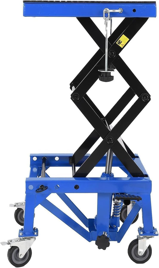 Hydraulic 350LBS Motorcycle Lift Jack - Foot-Pump Scissor Lift Table with Safety Lock, Wheels & Oil Drain Hole - Height Adjustable 13.78-34.25" for ATV, Dirt Bike, Cruiser Maintenance