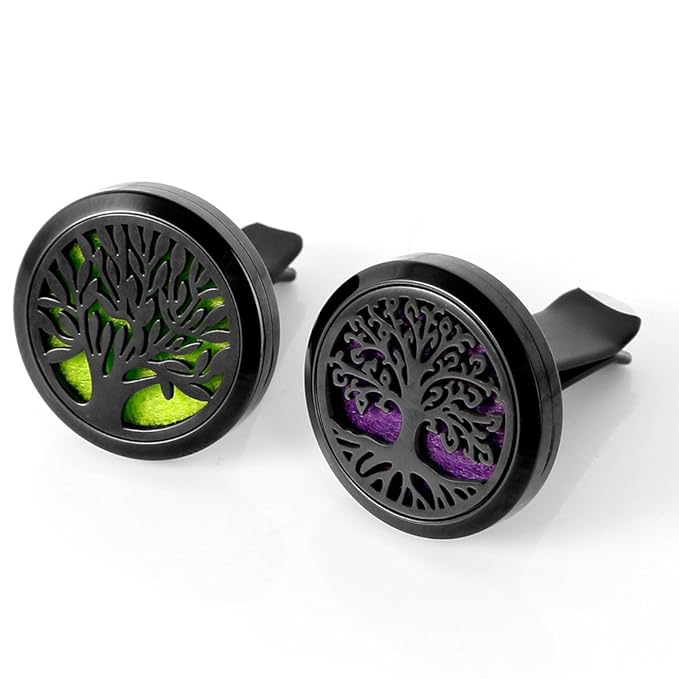 2PCS Tree of Life Car Diffuser Aromatherapy Essential Oil Black Stainless Steel Locket with Vent Clip 12 Felt Pads