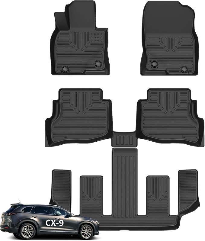 Wayhigh-All Weather Floor Mats Fit for 2020-2023 CX-9 6 (6 Passenger,The 2nd Row Bucket Seats Without Center Console) TPE Car Mats Waterproof Heavy Duty Rubber Floor Liners for CX9 Accessories