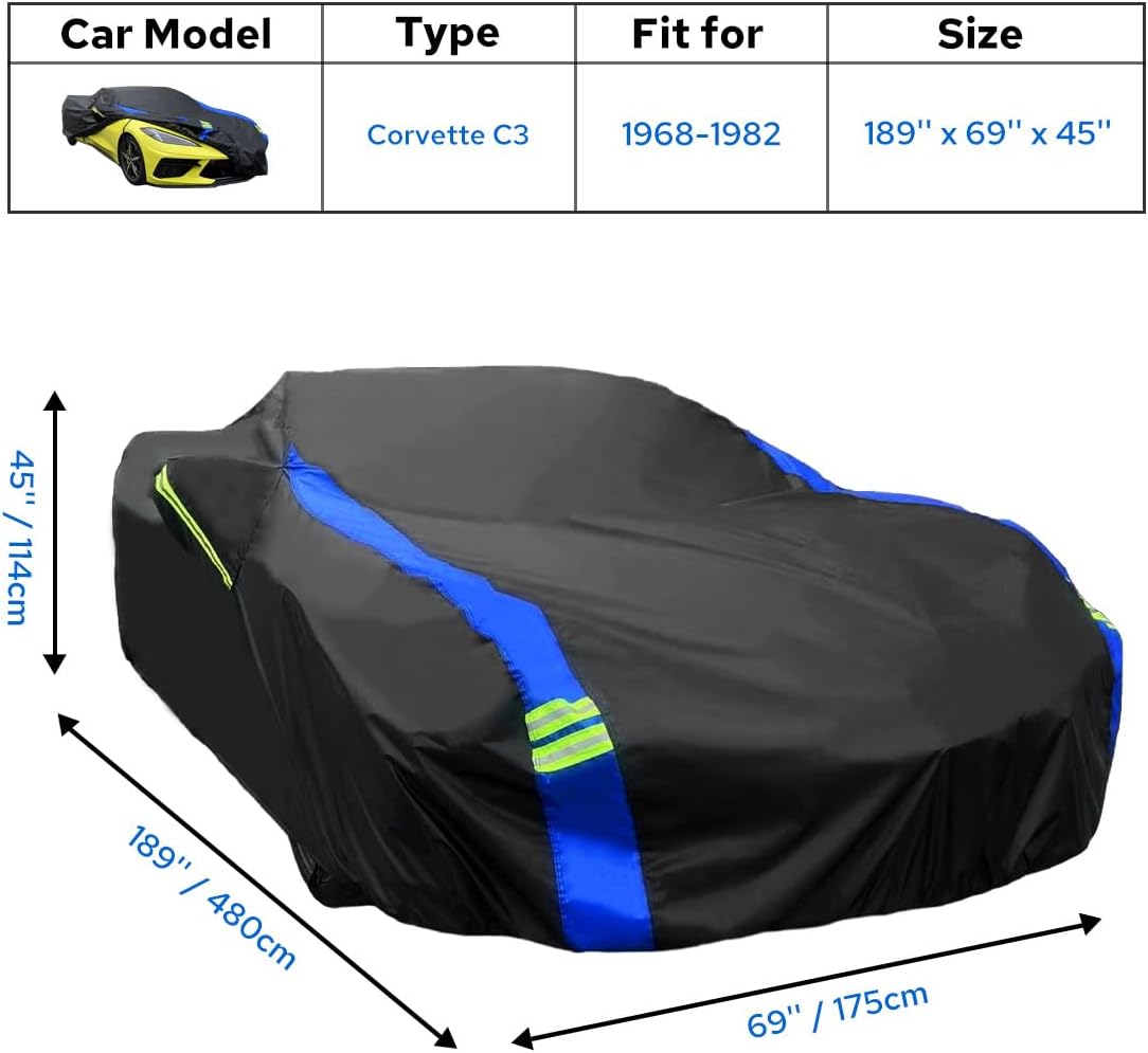 Avecrew for Chevrolet Corvette C3 Car Cover Waterproof All Weather for Automobiles, Outdoor Full Exterior Covers Fit 1968-1982 Corvette C3 with Windproof Strap and Driver Door Zipper