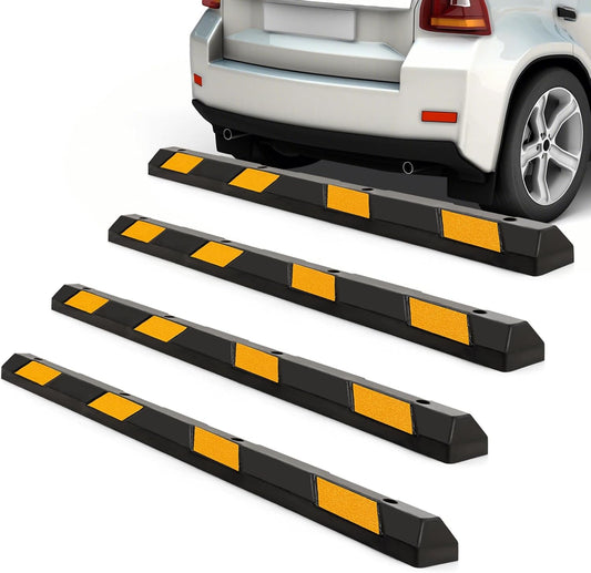 Goplus Parking Block, 72” Rubber Parking Bumpers with 8 High Reflective Yellow Safety Stripes, Heavy Duty Parking Target, Garage Wheel Stoppers Parking Curb for Car, Truck, RV and Trailer (4 Pack)