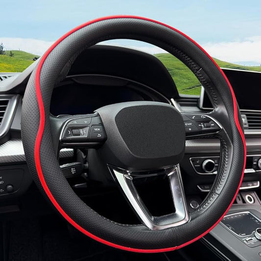 Leather Steering Wheel Cover， with Anti-Slip Stripe Design - Enhanced Grip, Fashion Style, Safe, Non-Slip, Breathable. Upgrade car Interior，Black red