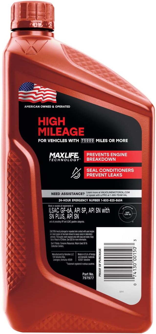 Valvoline High Mileage with MaxLife Technology SAE 10W-40 Synthetic Blend Motor Oil 1 QT (Pack of 2)