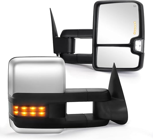 Towing Mirrors for 2003-2006 Chevy Silverado/GMC Sierra 1500 2500 HD 3500(2007 for Classic Style) Avalanche Suburban Tahoe Yukon XL Chrome Power Heat Smoke Signal Light Pair set