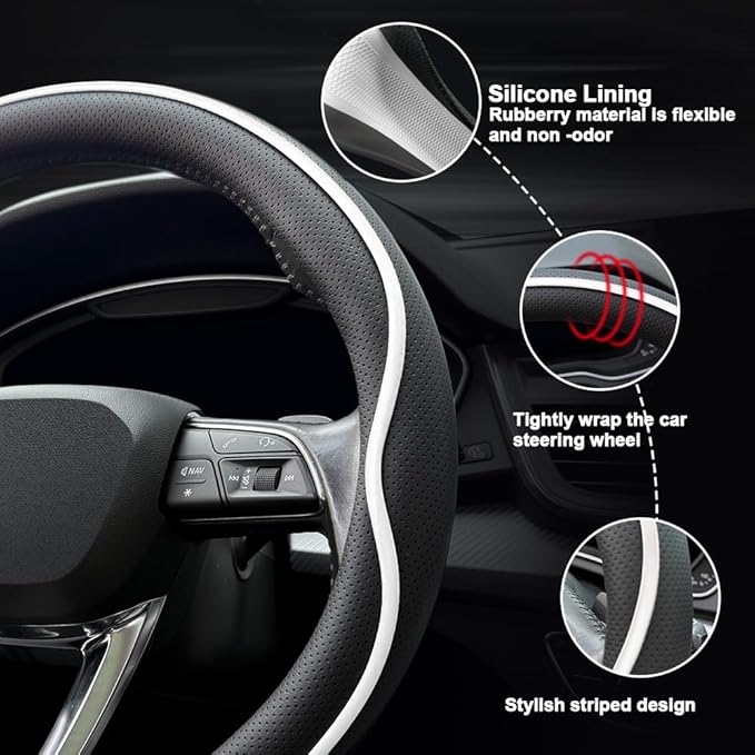 Leather Steering Wheel Cover， with Anti-Slip Stripe Design - Enhanced Grip, Fashion Style, Safe, Non-Slip, Breathable. Upgrade car Interior，Black White