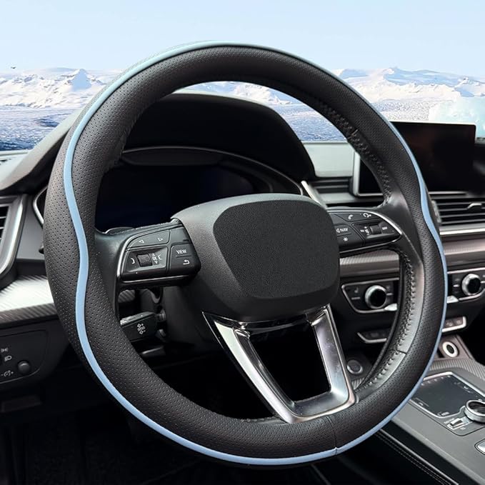 Leather Steering Wheel Cover， with Anti-Slip Stripe Design - Enhanced Grip, Fashion Style, Safe, Non-Slip, Breathable. Upgrade car Interior，Black Blue