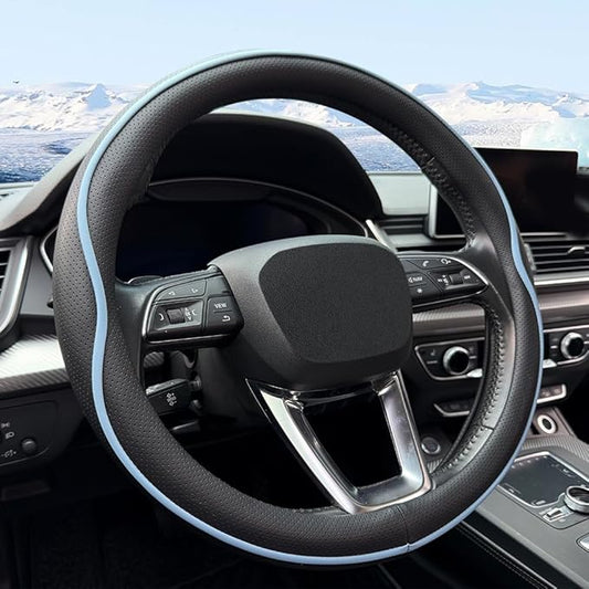 Leather Steering Wheel Cover， with Anti-Slip Stripe Design - Enhanced Grip, Fashion Style, Safe, Non-Slip, Breathable. Upgrade car Interior，Black Blue