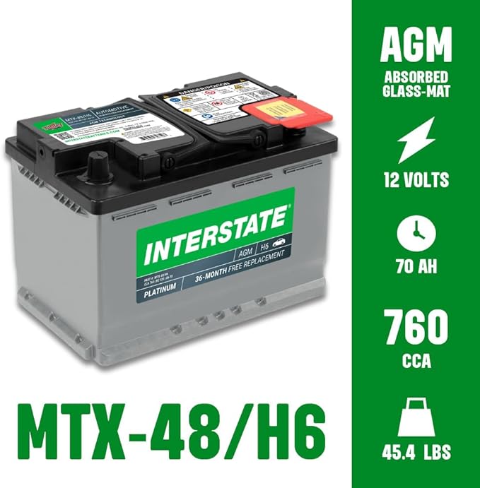 Interstate Batteries Automotive Battery 12V 70Ah (Group Size H6, 48) 760CCA SLI AGM Automobile Replacement Battery for Cars, SUVs, Sedans, Trucks (MTX-48/H6)