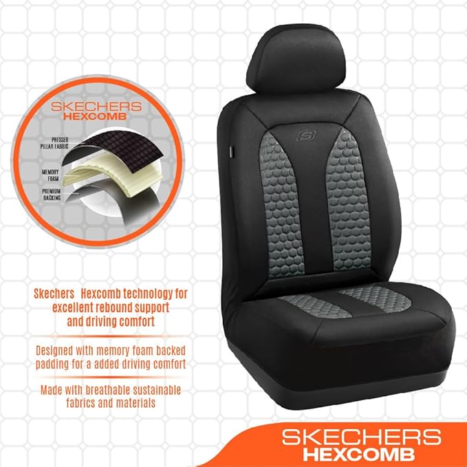 Skechers Memory Foam™ Car Seat Covers, Hexcomb Breathable Thick Seat Covers Two Front Seat Covers, Airbag Compatible, Automotive Comfort & Protection for Most Cars,Van,Trucks, SUVs (Grey)