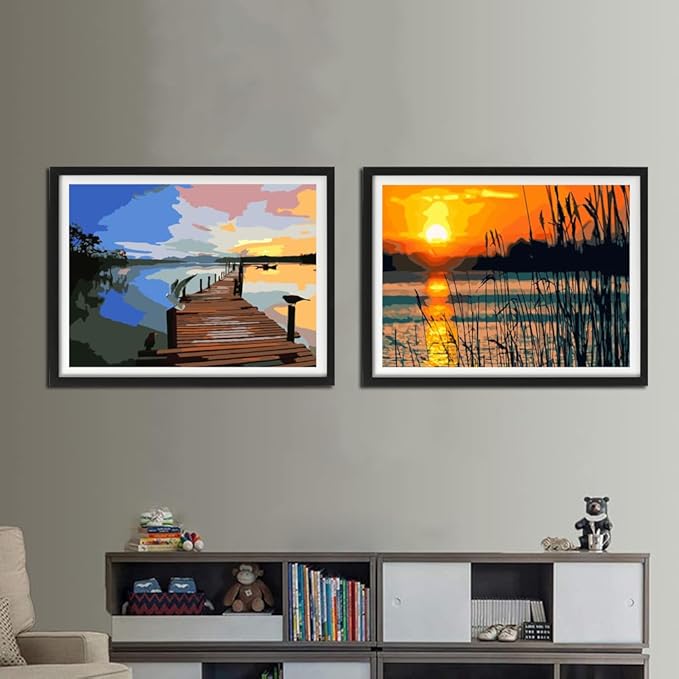 YANXIN Paint by Numbers Kit for Adults Beginners 2 Pack Paint by Numbers for Adults Rolled up Canvas for Home Decoration Creative Wall Art with Colorful Gift Box 12x16 inch Lake Sunset 171-172