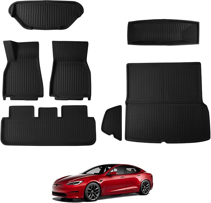 BASENOR 2026 7PCS Floor Mats for Tesla Model S Model S Plaid 3D Material Cargo Liners All-Weather Car Mats Anti-Slip Trunk Mat Model S Accessories Custom Fit 2021-2026