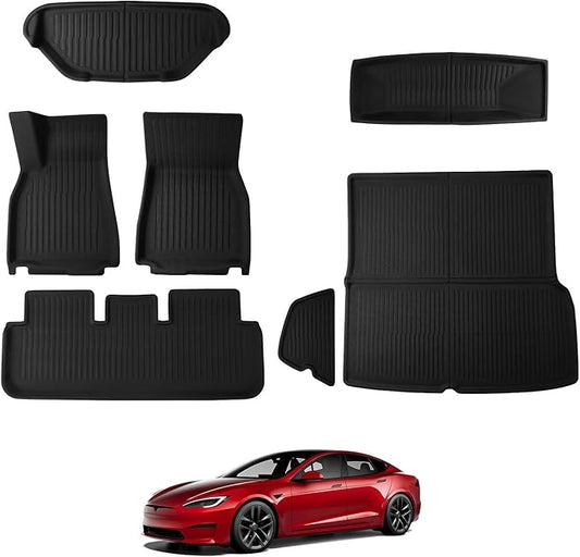 BASENOR 2026 7PCS Floor Mats for Tesla Model S Model S Plaid 3D Material Cargo Liners All-Weather Car Mats Anti-Slip Trunk Mat Model S Accessories Custom Fit 2021-2026