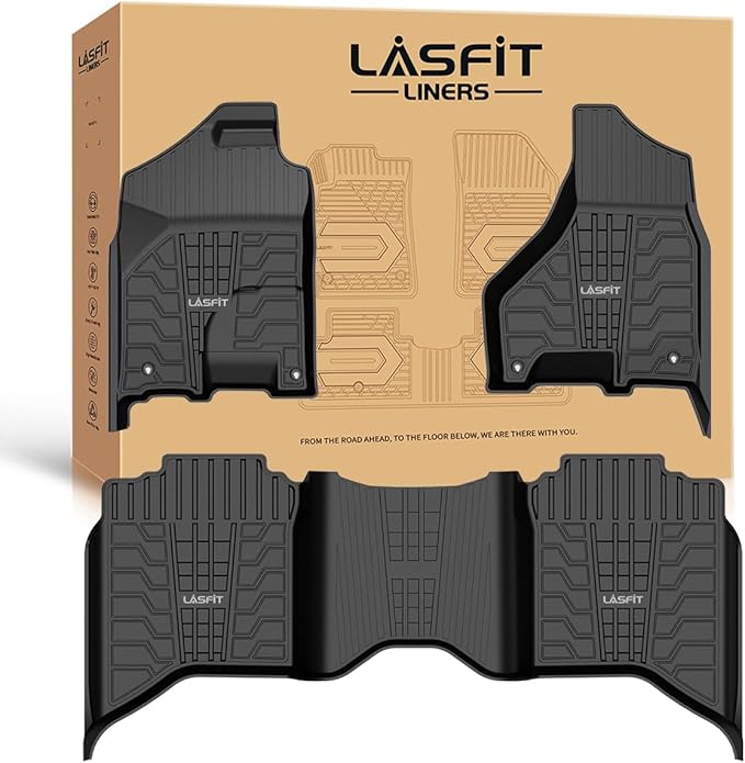 LASFIT Floor Mats 2013-2018 for Dodge Ram 1500/2500/3500 Crew Cab, 2019-2024 for Dodge Ram 1500 Classic Crew Cab 4 Full Size Doors All Weather TPE Custom Fit Car Mats Floor Liners 1st & 2nd Row, Black