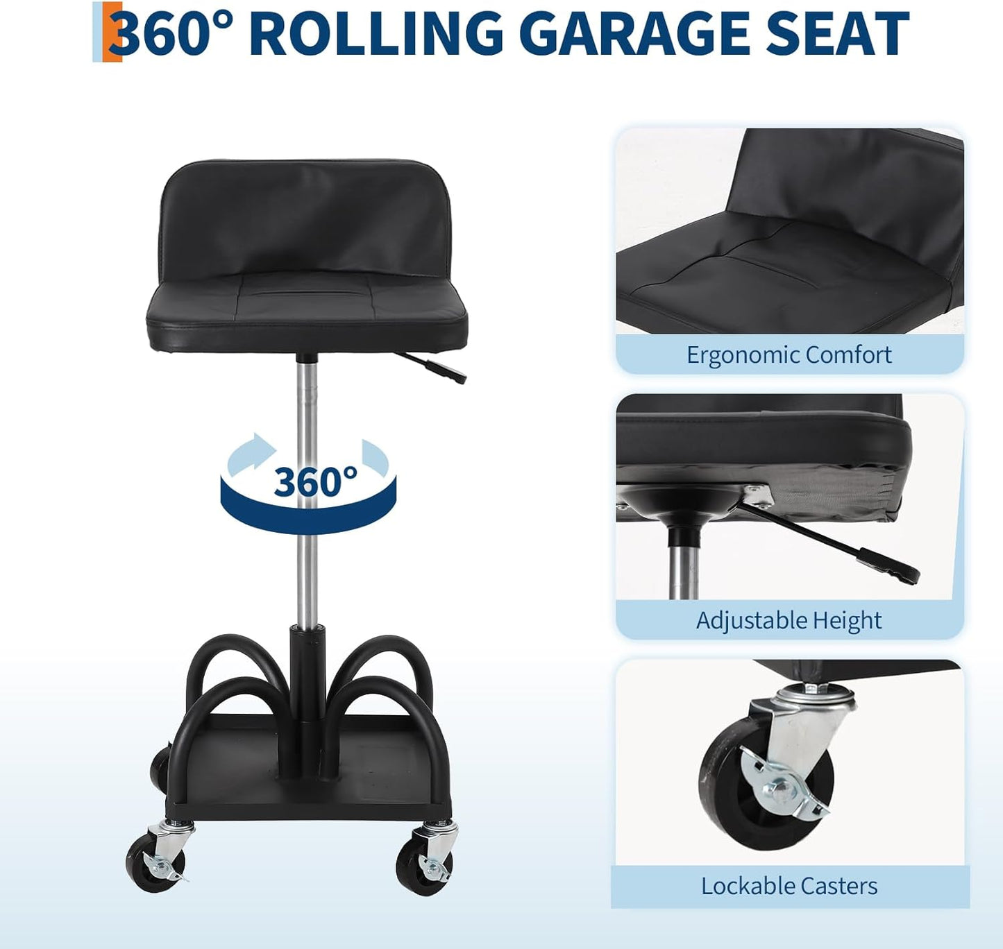 Garage Stool, 19”-25” Adjustable Rolling Mechanic Stool with Universal Wheels, Removable Magnetic Tool Tray, 300LBS Capacity, Roller Creeper Seat, Shop Chair