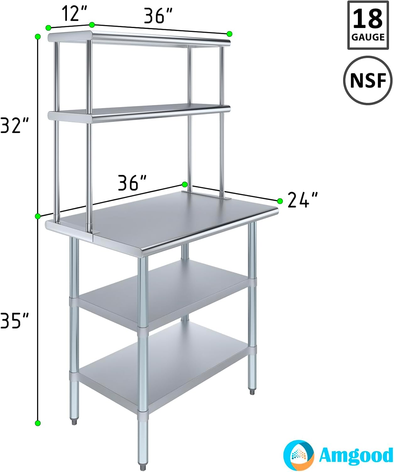 AmGood Stainless Steel Work Table with 2 Shelves | 24" x 36" Table with 2 Shelves + 12" Overshelf