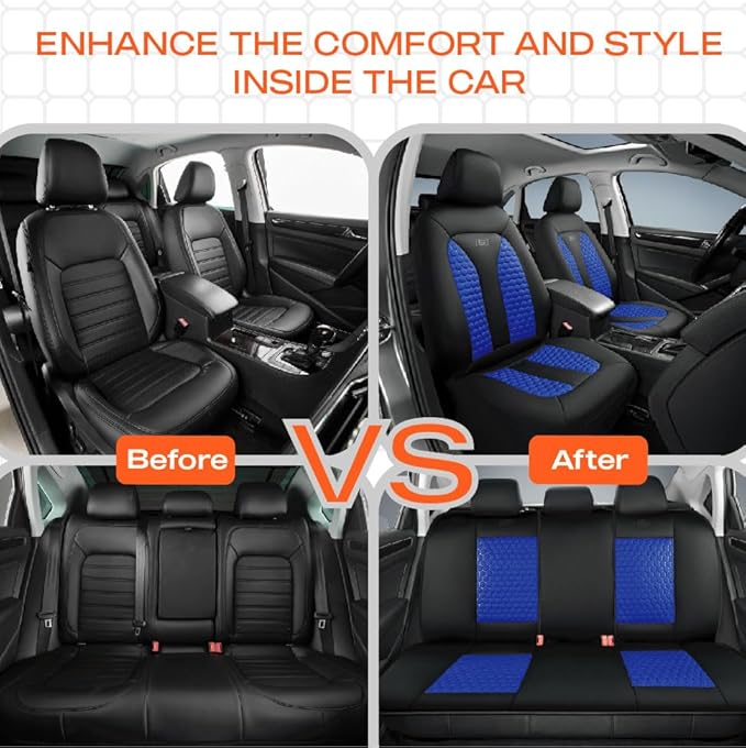 Skechers Memory Foam™ Car Seat Cover Full Sets, Hexcomb Breathable Thick Seat Covers, Airbag Compatible, Automotive Comfort & Protection for Most Cars,Van,Trucks, SUVs (Blue,Full Set)