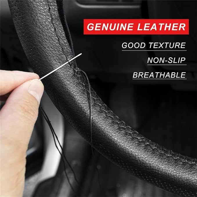 AUTOXBERT 38cm/15 Inch Genuine Leather DIY Steering Wheel Cover Soft Hand Sewing On Wrap Cover with Needles Thread fit for VW Ford Nissan Kia Vauxhall