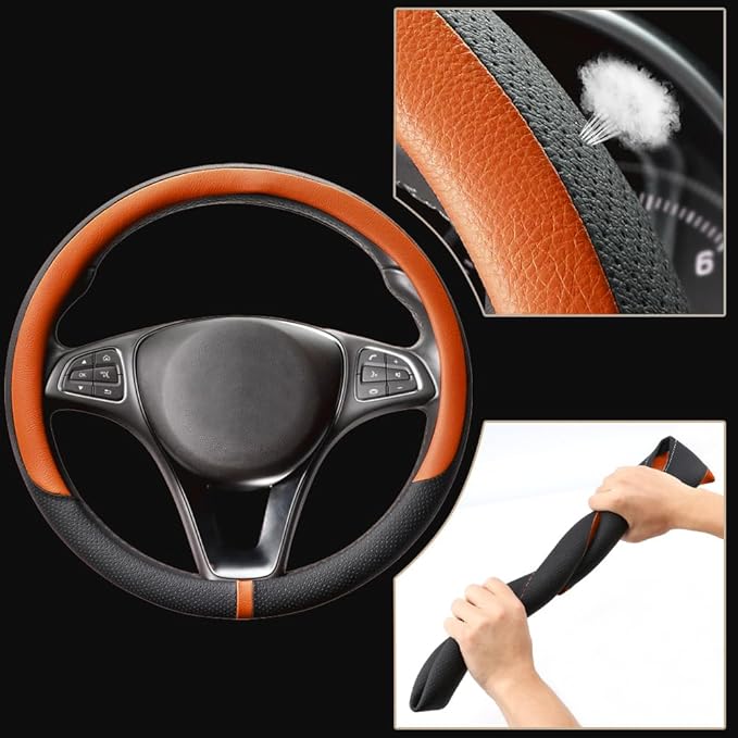 COFIT Breathable Car Steering Wheel Cover 15 inch Auto Universal Leather Wrap Non-Slip Steeringwheel Protector Automotive Interior Accessories, Orange (Suit for 14.5-15 inch)