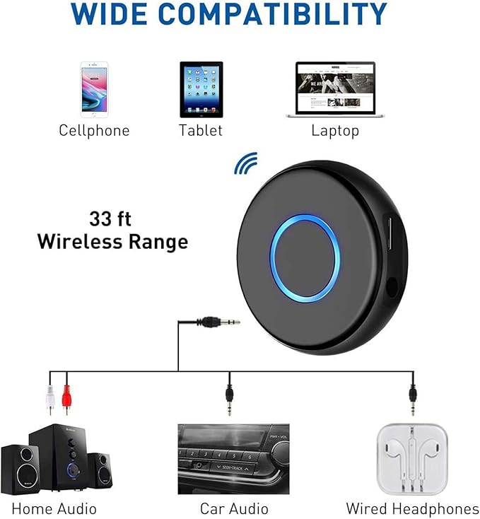 SONRU Bluetooth Aux Adapter for Car, Wireless Audio Receiver, Portable Hands-Free Kit with RCA AUX 3.5mm for Home/Car Stereo Music Streaming Sound System