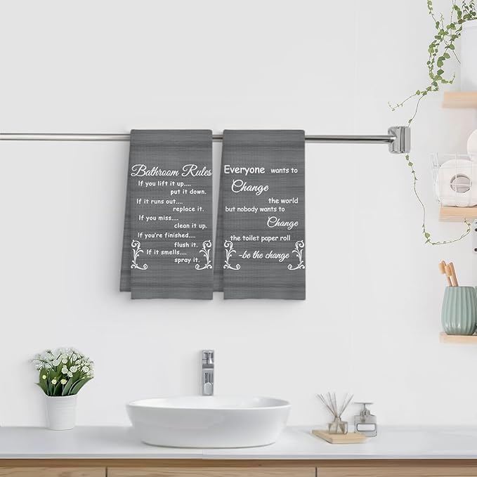 Funny Bathroom Rules Decorative Hand Towels Set of 2, Rustic Farmhouse Hand Towels for Bathroom Decor, 16x24 Inch(Elegant Gray Style)