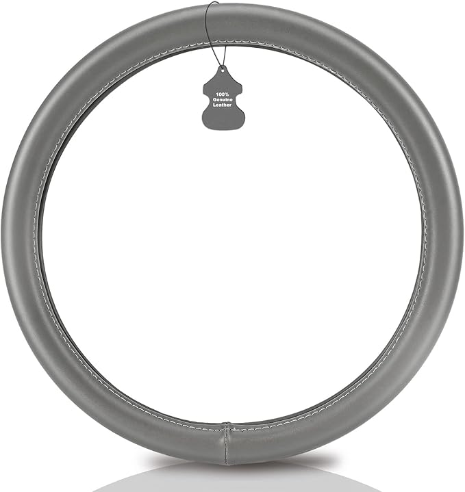 Haokay Heavy Duty Pure Cowhide Steering Wheel Cover SUV Car, Gray Genuine Leather Steering Wheel Cover Men Women Universal 14.5 to 15 Inch