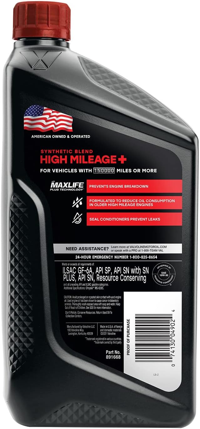Valvoline High Mileage 150K with MaxLife Plus Technology Motor Oil SAE 10W-30 1 QT (Pack of 2)