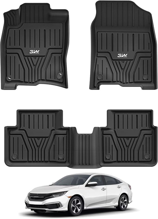 3W Floor Mats Fit for Honda Civic Sedan 2016-2021 & Hatchback 2017-2021 & Coupe 2016-2020, Custom Fit Floor Liner for 1st 2nd Row Full Set TPE All-Weather Car Liners