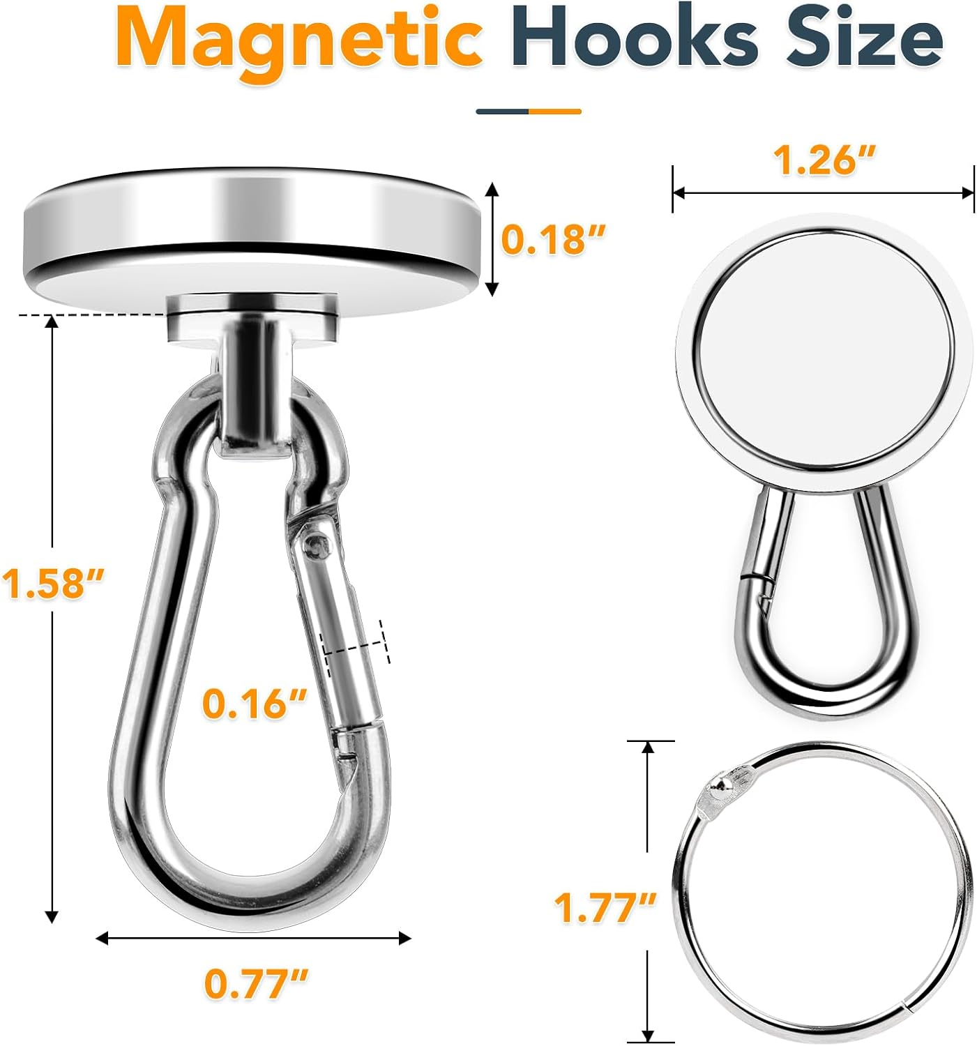 MIKEDE Strong Magnetic Hooks, Heavy Duty 110LBS+ Swivel Neodymium Magnets with Carabiner Hook, Hooks for Hanging, Curtain, Home, Workplace - 6 Pack