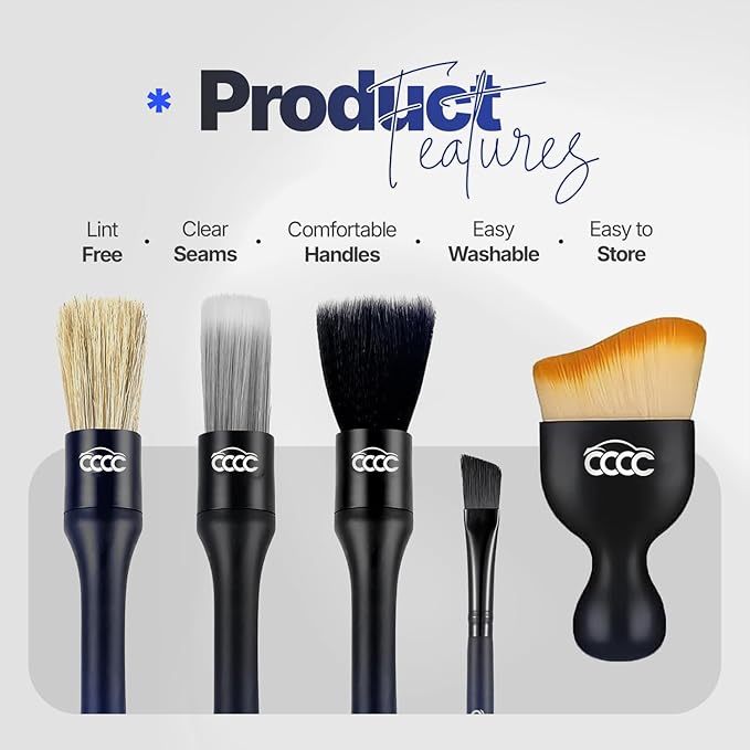 5 Pcs Car Detailing Brush Set – 2 Pcs Ultra-Soft for Delicate Leather, Screens & Trim, 2 Pcs Nylon for Wheels, Tires & Tough Dirt, 1 Pc Boar Hair for All-Purpose Interior & Exterior Detailing