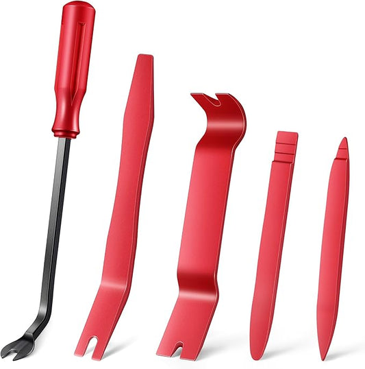 LivTee 5 pcs Auto Trim Removal Tool Kit, No Scratch Plastic Pry Tool Kit - Interior Door Panel Clip Fastener Removal Set for Vehicle Dash Radio Audio Installer (Red)