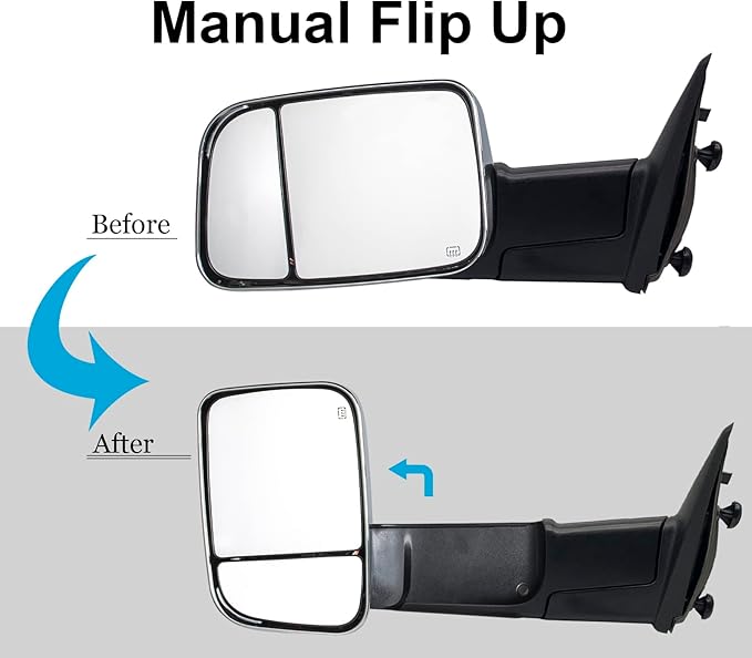WLLW Towing Mirrors fit for 2009-2018 Dodge Ram 1500 2500 3500 Pickup with Heated, Power Adjusted, Puddle Lamp, Turn Signal Light, Temperature Sensor, Chrome Cap