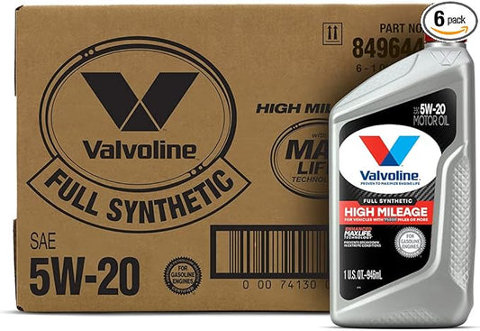 Valvoline Full Synthetic High Mileage with MaxLife Technology SAE 5W-20 Motor Oil 1 QT, Case of 6