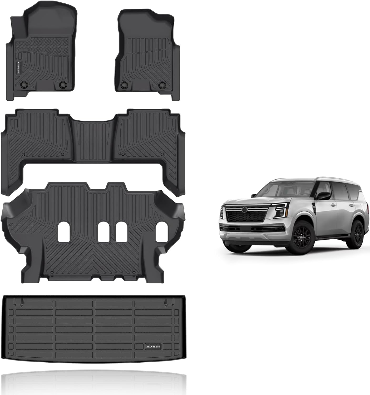KELCSEECS® Floor Mats & Cargo Liner Custom for 2019-2024 Nissan Armada/Infiniti QX80 8 Seats(Bench Seat) Waterproof All Weather Mats Guard Automotive Liners Full Set Accessories Black