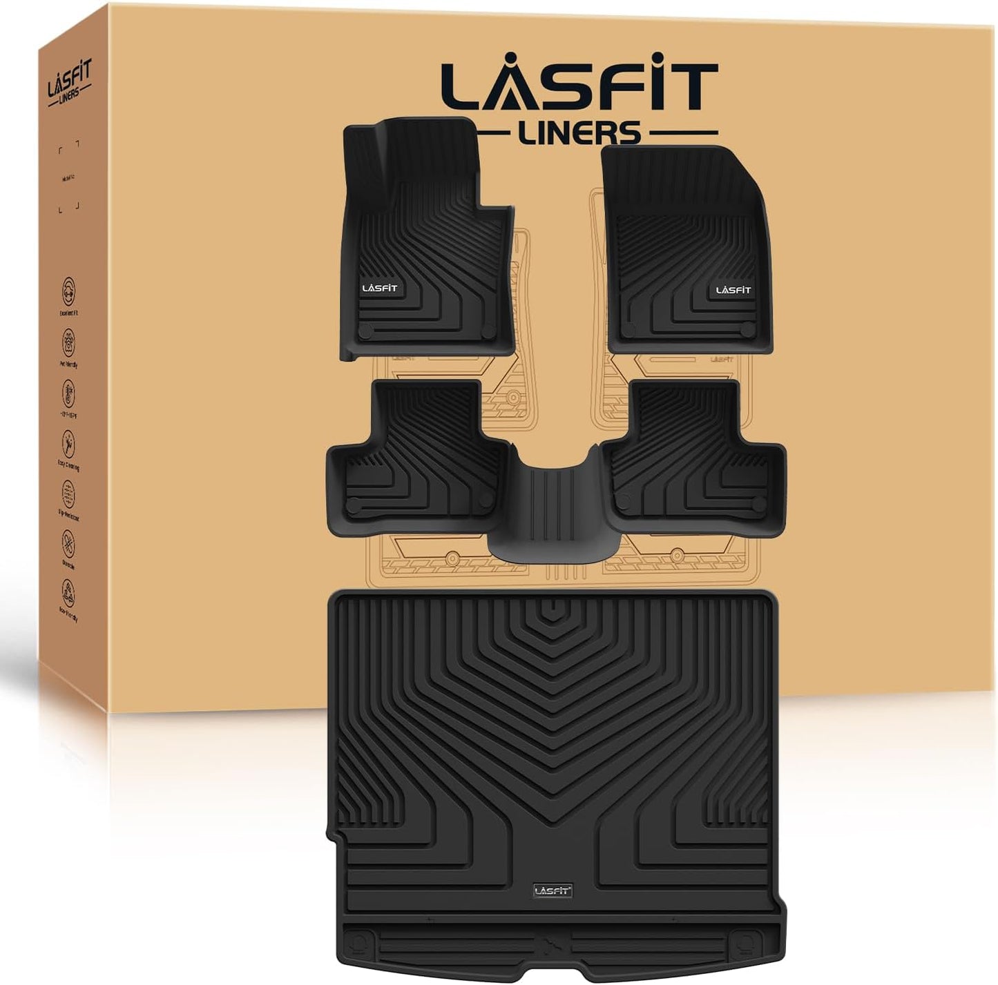 LASFIT Floor Mats & Cargo Mat for Volvo XC60 (2018-2026),XC60 All Weather Floor Liner TPE Custom Fit 1st & 2nd Row Car Mats and Floor Mats for XC60 Automotive Accessories(Not Fit PHEV (T8 Models))