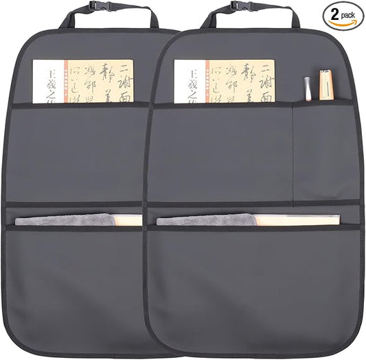 Kick Mat Back Seat Protector Waterproof Leather Car Seat Back Organizers Cover with 3 Storage Pockets for Kids Pets SUV Sedan Minivan Truck Car Travel Accessories (Black 2-Pack)