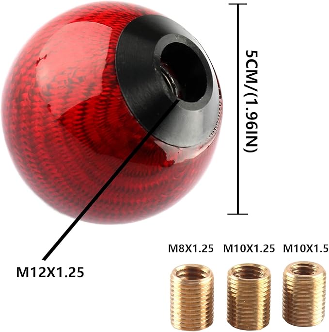 Round Ball Shift Knob 5 6 Speed Carbon Fiber Gear Shifter Knob for Manual Automatic Vehicles with Adapters M12x1.25 M8x1.25, M10x1.25, M10x1.5 (Red)