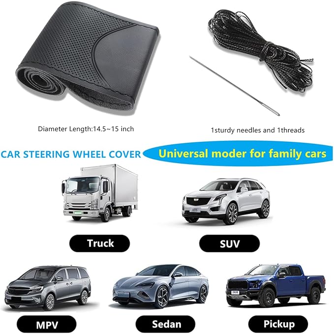 Black Leather Steering Wheel Cover, Stitch On Wrap, Breathable Cowhide Car Steering Wheel Cover, Standard Size 15 Inch (Type B)