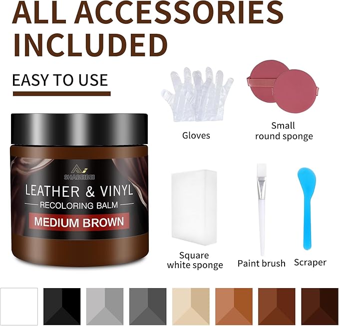 Leather Recoloring Balm and Scratch Repair Kit, Medium Brown Leather Restorer for Couches, Furniture, Car Seats, Leather Paint & Stain for Sofa, Chairs, Bags, and More